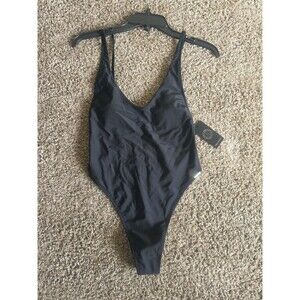 NWT Relleciga One Piece Swimsuit S Black High Cut Ruched V-Neck MSRP $119